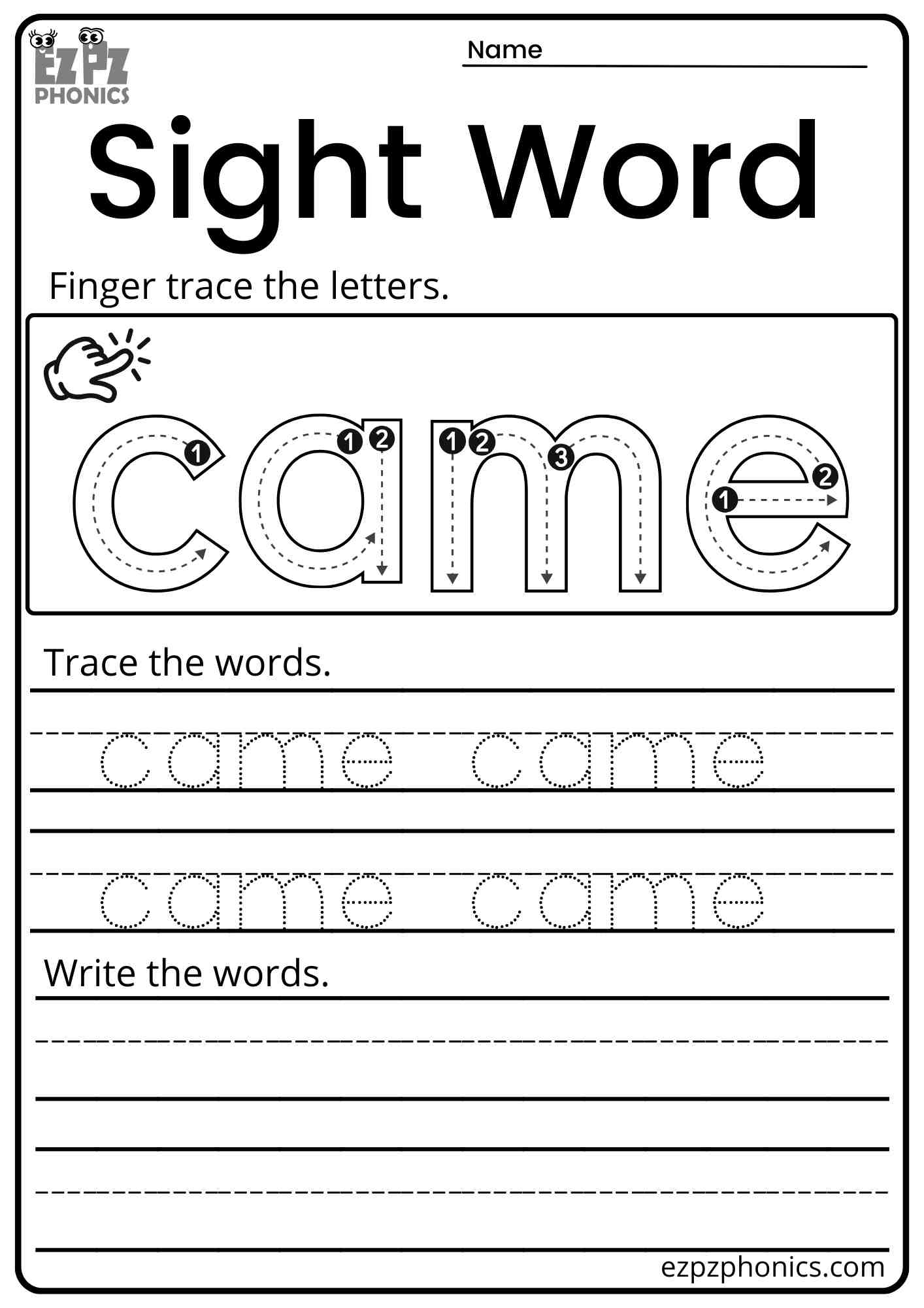 "Came" Dolch Kindergarten Sight Word Trace and Write Worksheet PDF Download
